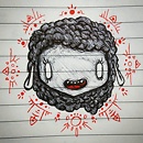 girl face with curly hair and red patterns drawing