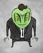 a green alien with 6 yellow eyes wearing a suit drawing