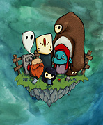 a ghost a dwarf a skull girl a troll and two creatures with masks on a floating island drawing