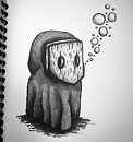 hooded figure with wooden mask and bubbles coming from mouth copic marker drawing