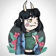 girl with horns and flowers in background drawing