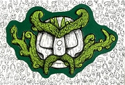 Ink drawing of a green man with a beard made of leaves drawings of wood spirits in background