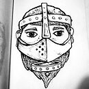 woman face wearing a helmet with a mouth covering ink drawing