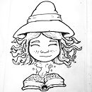 smiling woman face with witches hat coming out of spell book ink drawing