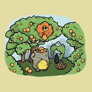 drawing of the 3 jeju island characters picking tangerines