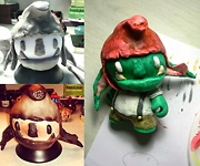 the munny after sculpting then after being burnt/melted in the oven then after being painted