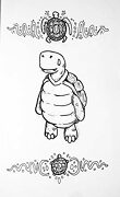 standing tortoise with abstract turtle designs above and below drawing